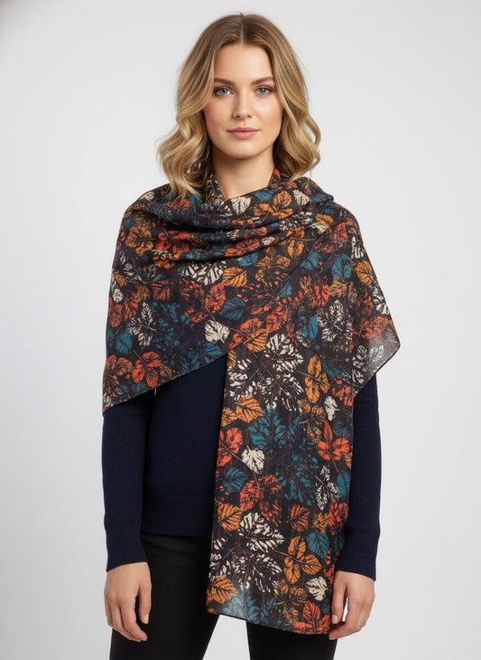 Autumn Leaf Print Scarf: Lightweight Viscose Fashion Wrap Comes with a gift bag