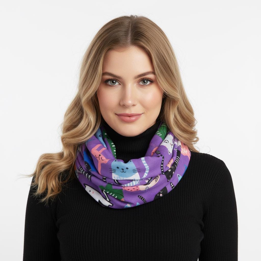 Cat Print Snood Infinity Scarf: Lightweight Cotton-Polyester Blend Comes with a gift bag