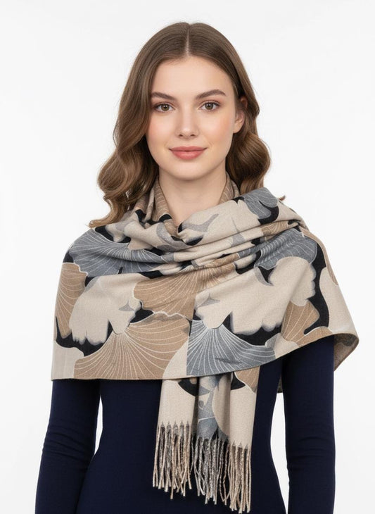 Ginkgo Flower Print Ladies Celebrity Style Scarves Scarf Wrap With Tassel Comes with a gift bag