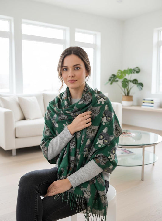 Cat Print Scarf Cashmere Feel Shawl with Tassels Comes with a gift bag