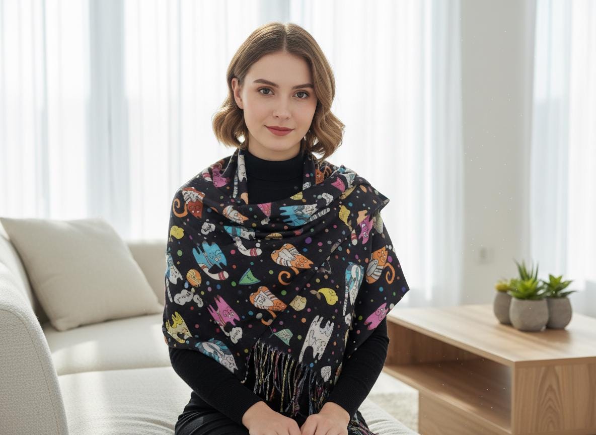 Cat Print Scarf: Cashmere Feel Wrap with Tassels Comes with a gift bag