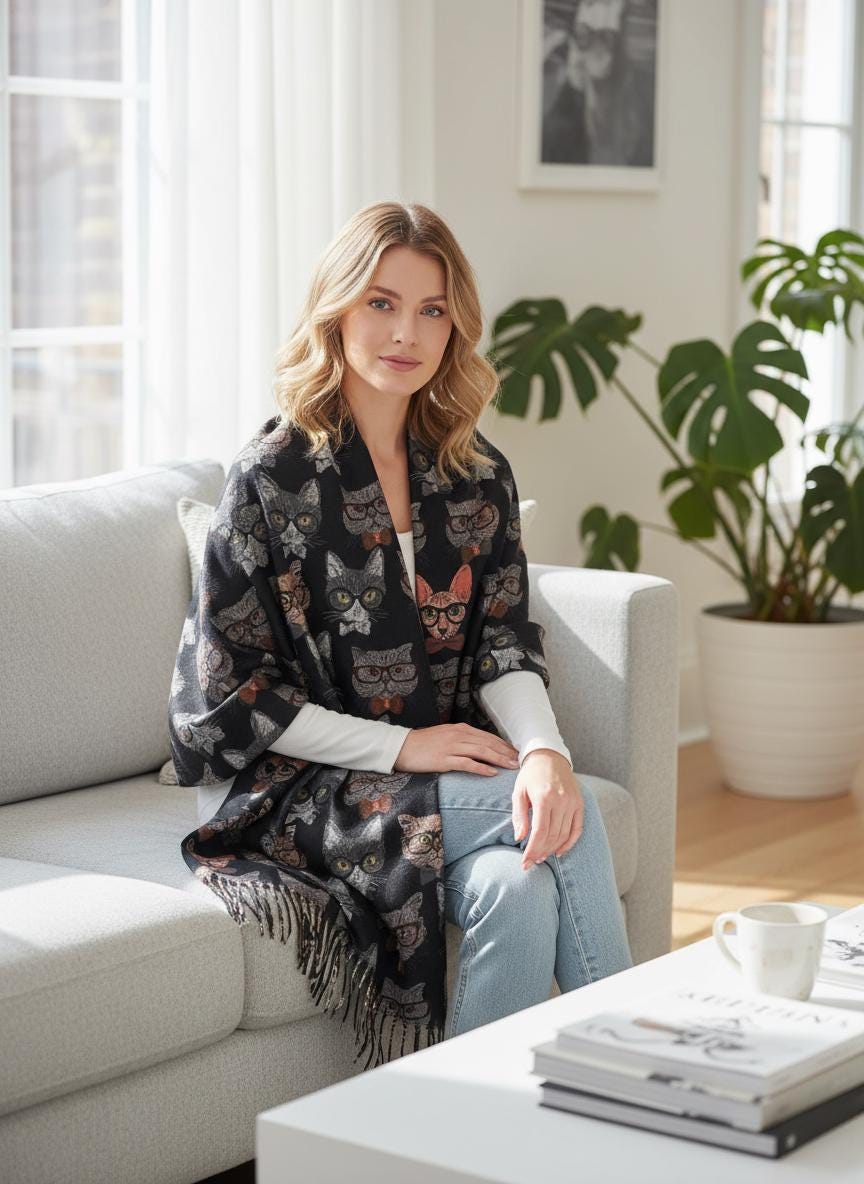 Cat Print Scarf Cashmere Feel Shawl with Tassels Comes with a gift bag