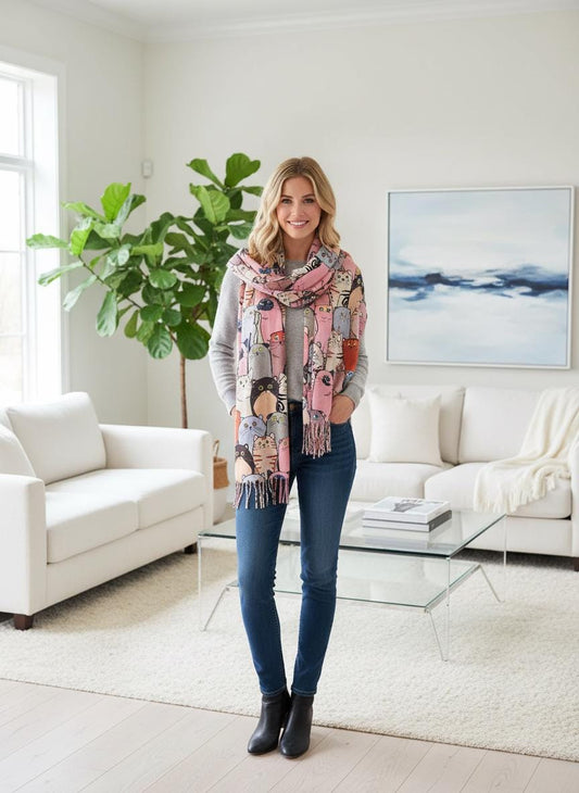 Cat Print Scarf: Cashmere Feel Shawl Wrap with Tassels Comes with a gift bag
