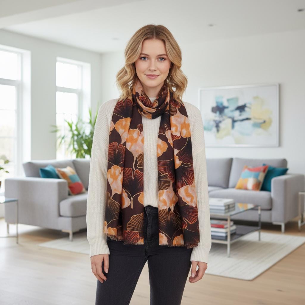 Ginkgo Flower Print Ladies Celebrity Style Scarves Scarf Wrap Comes with a gift bag