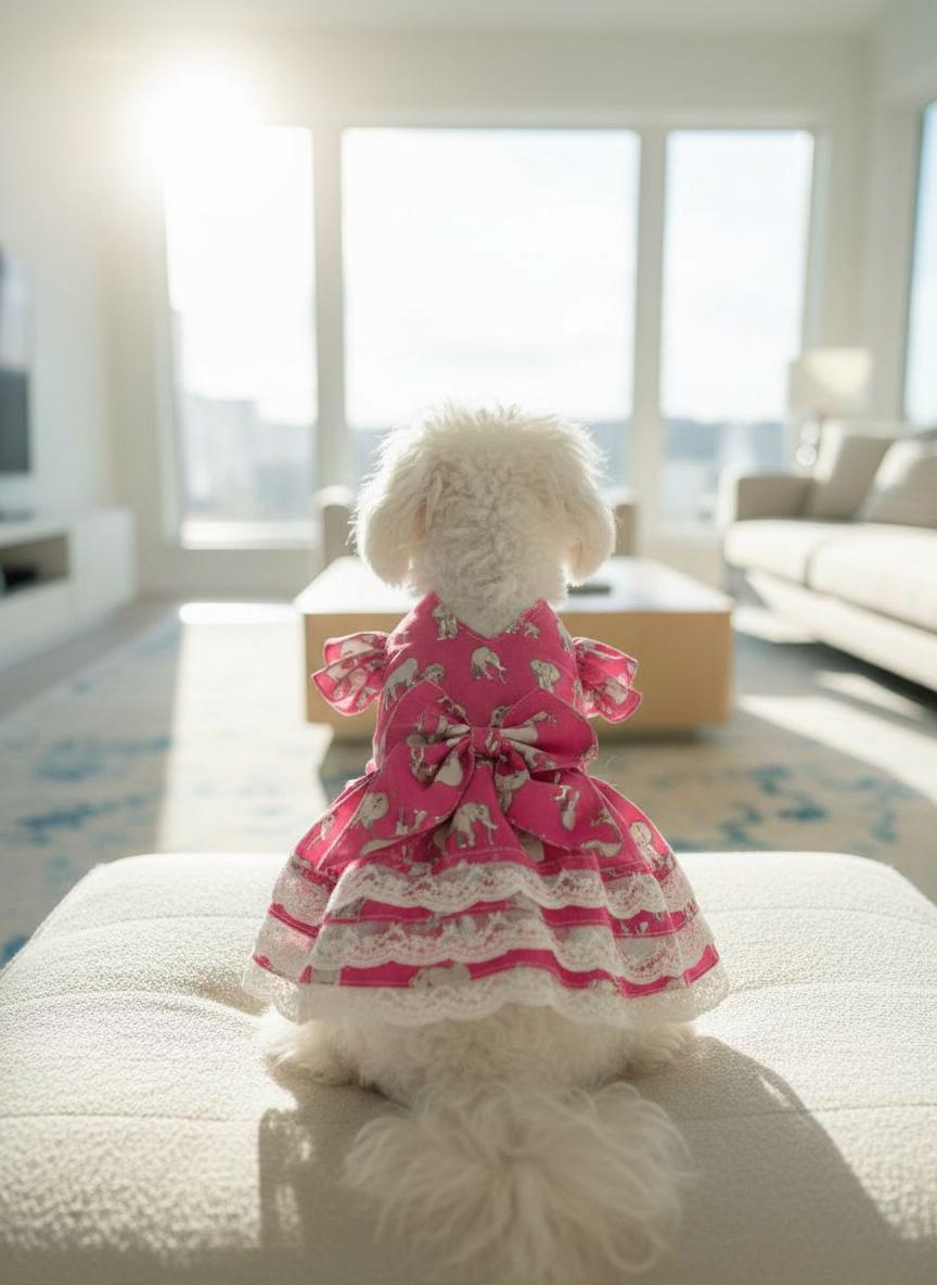 Custom Handmade Dog Dress elephant Print Pet Apparel, Tiered Ruffled Lace Puppy Outfit with Bow Detail