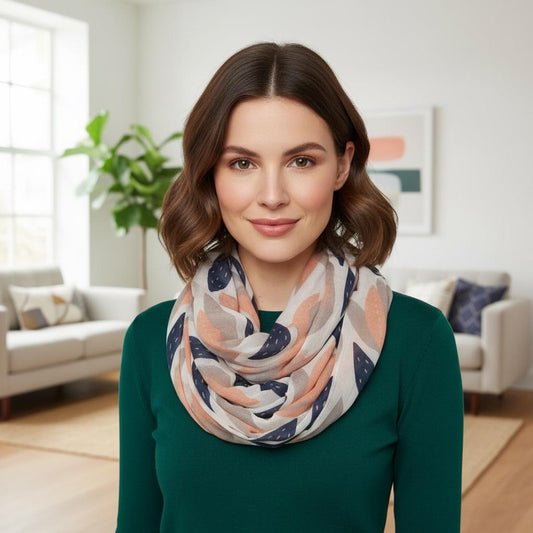 Leaf Print Infinity Scarf | Navy Peach Botanical Loop | Women's Scarf Comes with a gift bag