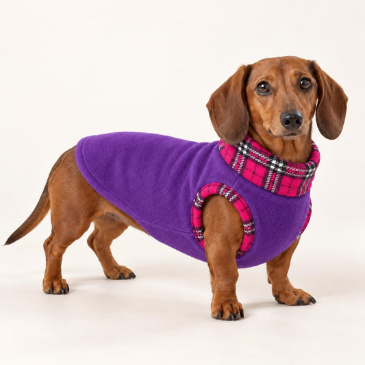 Cosy Fleece Dog Coat with Tartan Plaid Trim – Warm Winter Vest for Dachshunds & Small Dogs