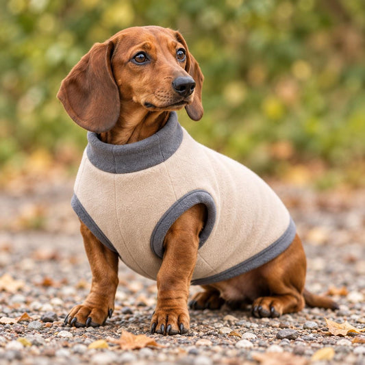 Two-Tone Fleece Sausage Dog Jumper, Colour Block Winter Coat, Handmade Warmth