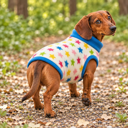 Handmade Rainbow Star Fleece Jumper For Sausage Dog, Warm Dachshund Coat, Small to Large Dog Clothing
