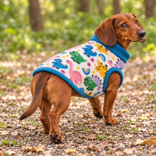 Handmade Dinosaur Fleece Dog Jumper Pet Coat with Blue Trim Fleece Jumper For Sausage Dog, Warm Dachshund Coat, Small to Large Dog Clothing