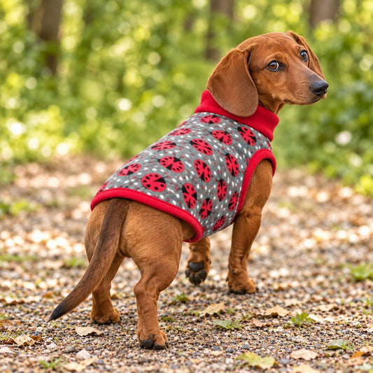 Ladybird Fleece Dog Jumper | Grey Polka Dot Sweater for Dachshunds & Small Dogs | Cute Ladybug Print Pet Pullover | Sausage Dog Clothes