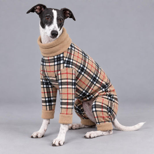 Whippet Fleece Jumpsuit Camel Checks Print Dog Pyjamas, Warm Onesie for Sighthounds, Greyhound Italian Whippet Winter Suit, Soft Dog Romper