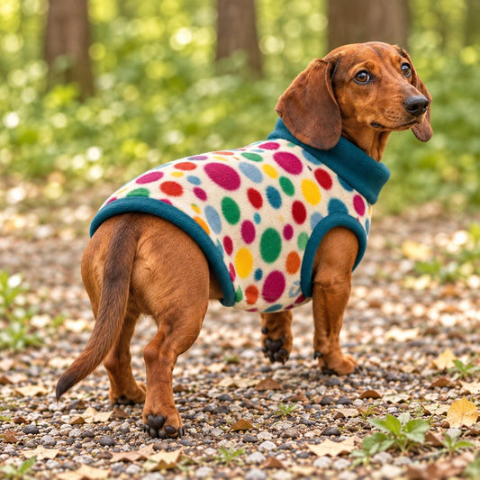 Handmade multicoloured polka-dot pattern Fleece Jumper For Sausage Dog, Warm Dachshund Coat, Small to Large Dog Clothing