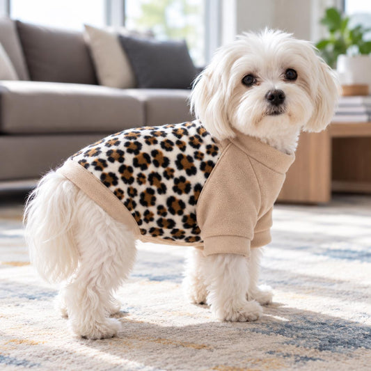 Leopard Print Raglan Dog Jumper, Fleece Dog Sweater with Sleeves, XS to 3XL, Small Medium Large Dog Clothes, Cosy Pet Gift