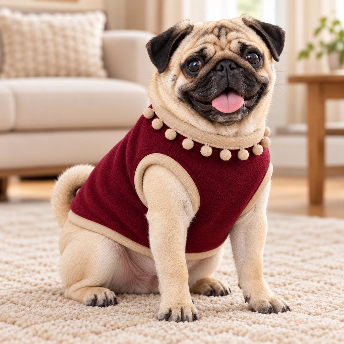 Dog Fleece Vest with Pom Pom Trim | Cosy Winter Dog Sweater for Pugs, Frenchie's Warm Dog Jumper