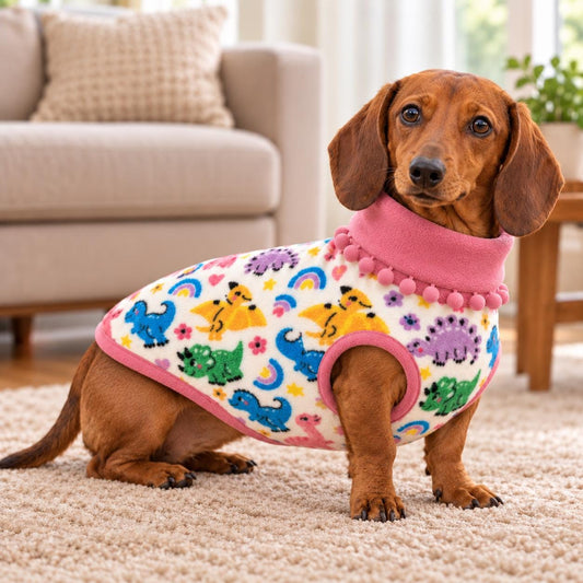 Handmade Two Tone Fleece Jumper with Pom Pom Trim For Sausage Dog, Warm Dachshund Coat, Small to Large Dog Clothing