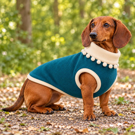 Handmade Two Tone Fleece Jumper with Pom Pom Trim For Sausage Dog, Warm Dachshund Coat, Small to Large Dog Clothing