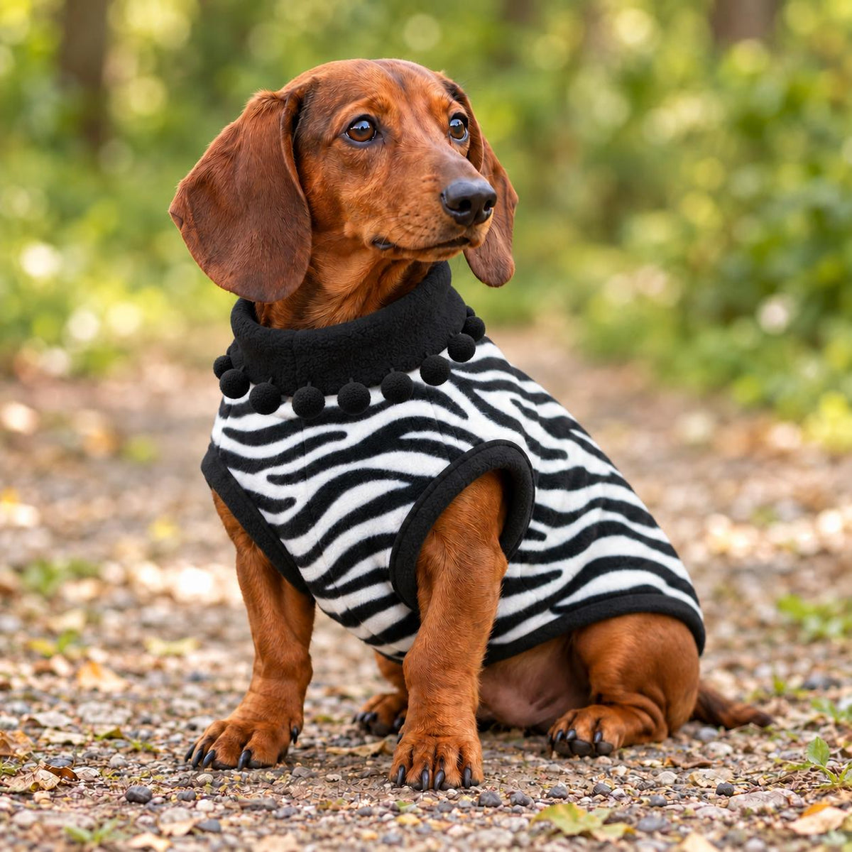 Handmade Two Tone Fleece Jumper with Pom Pom Trim For Sausage Dog, Warm Dachshund Coat, Small to Large Dog Clothing