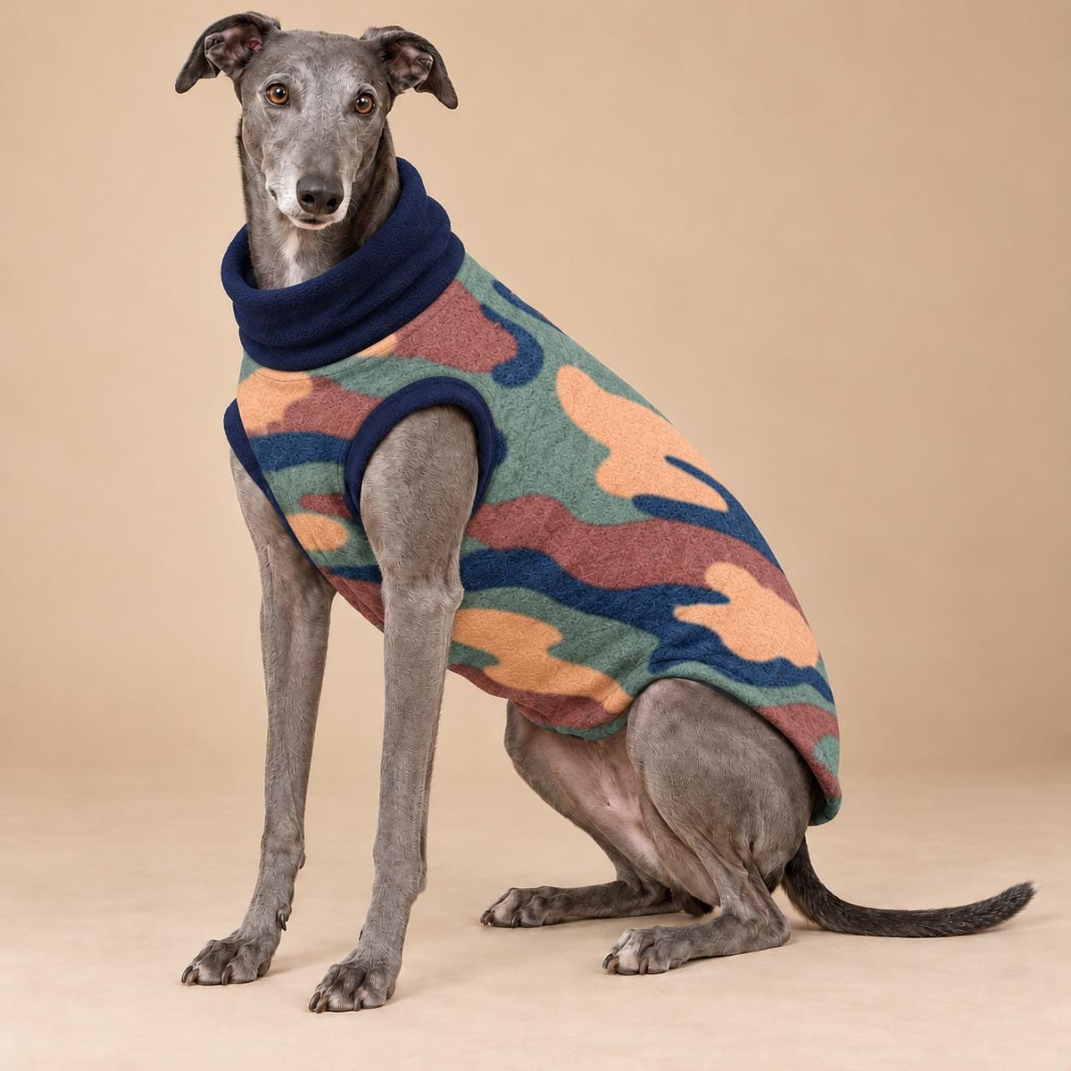 English Greyhound Camouflage Fleece Jumper, Turtle Neck Dog Pyjamas, Greyhound Winter Top, Soft Fleece Greyhound Clothes