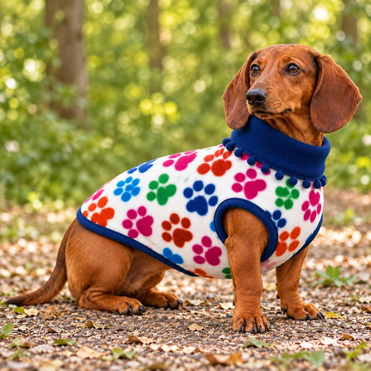 Handmade Two Tone Fleece Jumper with Pom Pom Trim For Sausage Dog, Warm Dachshund Coat, Small to Large Dog Clothing