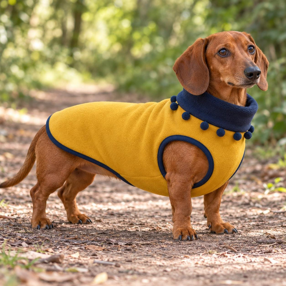 Handmade Two Tone Fleece Jumper with Pom Pom Trim For Sausage Dog, Warm Dachshund Coat, Small to Large Dog Clothing