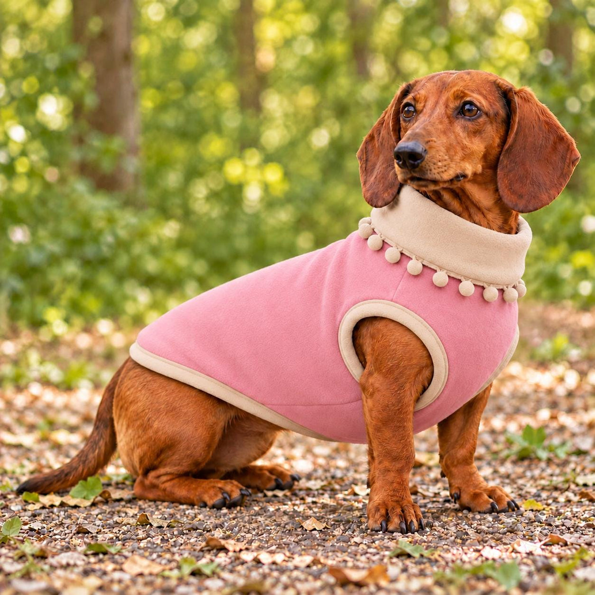 Handmade Two Tone Fleece Jumper with Pom Pom Trim For Sausage Dog, Warm Dachshund Coat, Small to Large Dog Clothing