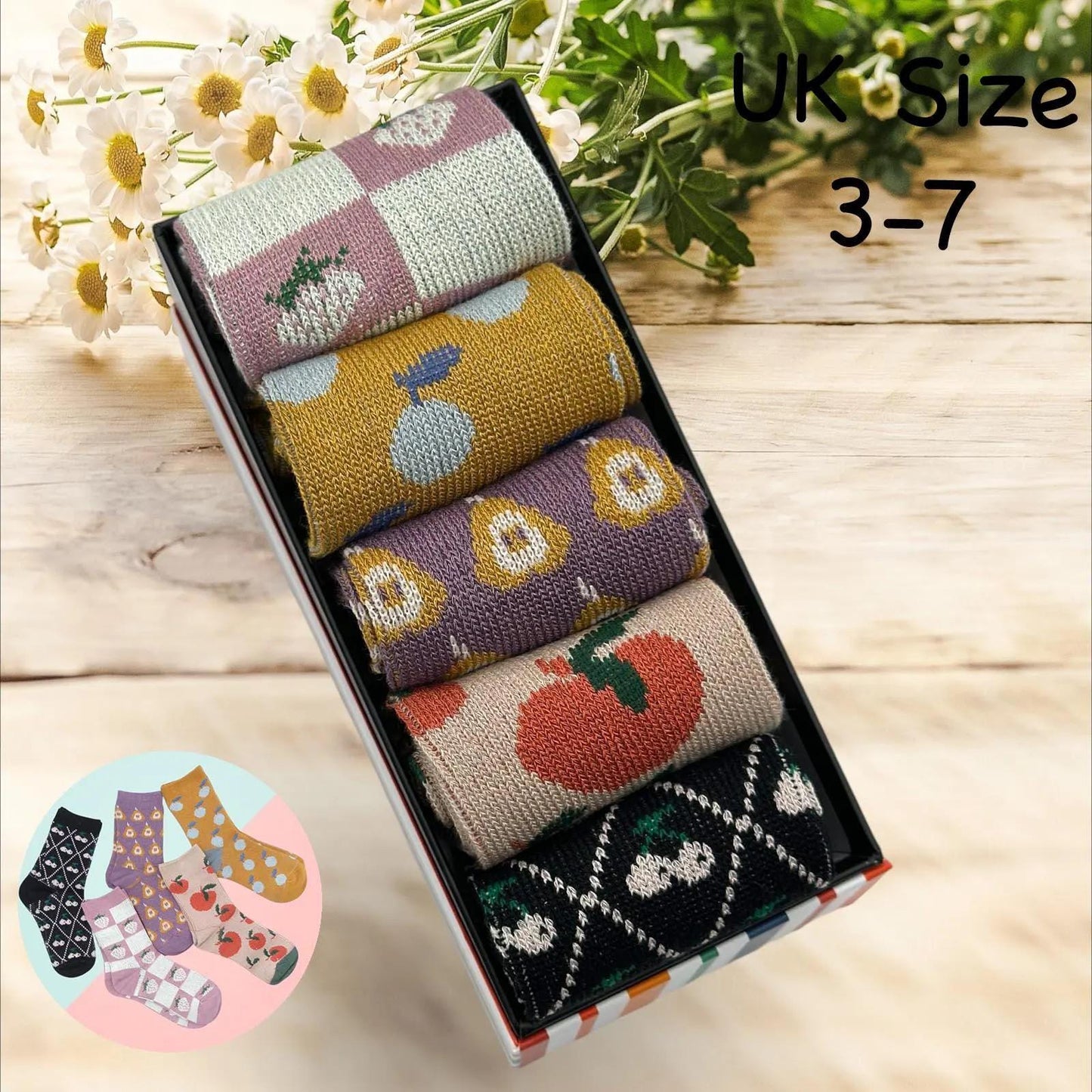 Ladies Seamless Soft Comfort Set of 5 Fruit Cherry Pattern Crew Socks Premium Quality Gift for Her comes with a gift bag