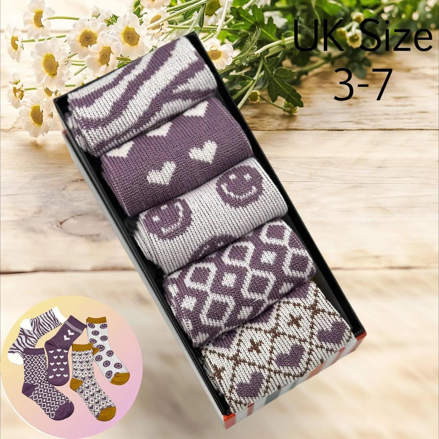 Ladies Seamless Soft Comfort Set of 5 Zebra Heart Pattern Crew Socks Premium Quality Gift for Her comes with a gift bag