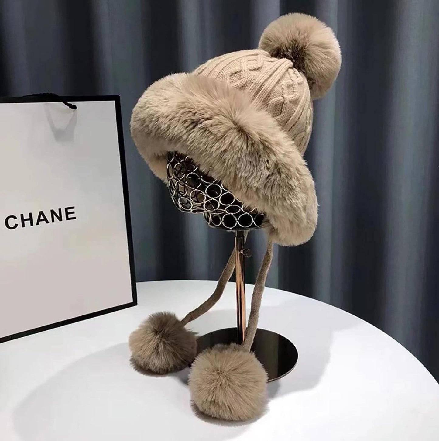 Chunky Knit Pom Pom Beanie Fleece Lined Winter Hat Comes with a gift bag