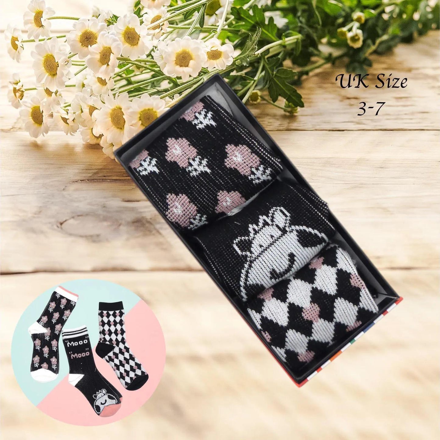 Ladies Seamless Soft Comfort Set of 6 Cow Flower Tree Pattern Crew Socks Premium Quality Gift for Her comes with a gift bag