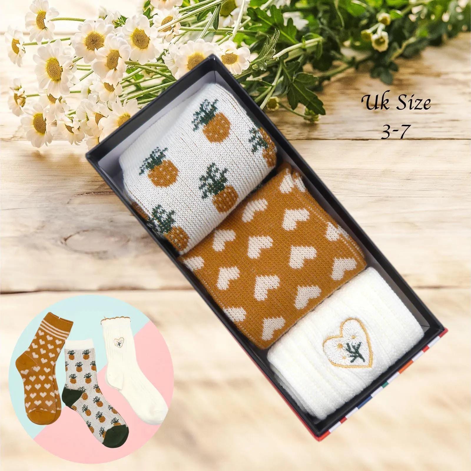 Ladies Seamless Soft Comfort Set of 6 Pineapple Floral Heart Pattern Crew Socks Premium Quality Gift for Her comes with a gift bag