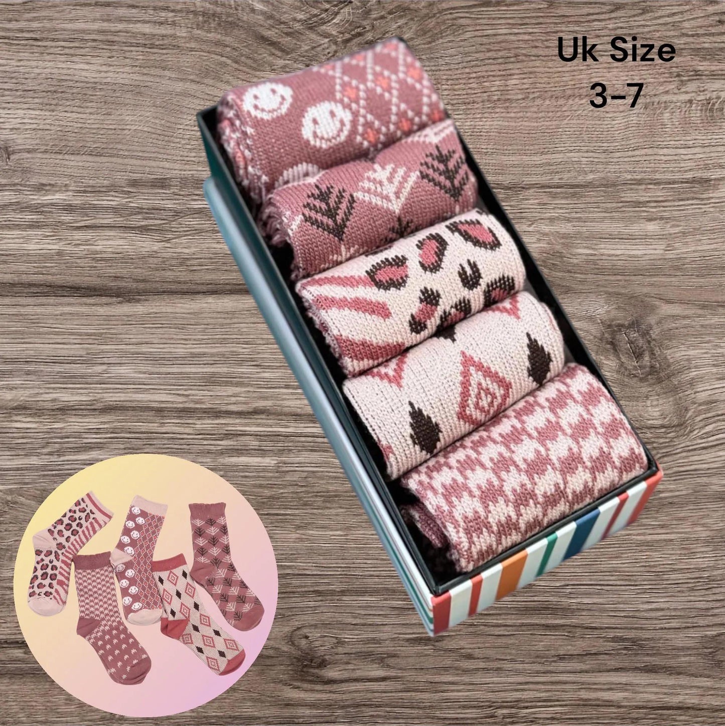 Ladies Seamless Soft Comfort Set of 5 Leopard Diamond Tree Pattern Crew Socks Premium Quality Gift for Her comes with a gift bag
