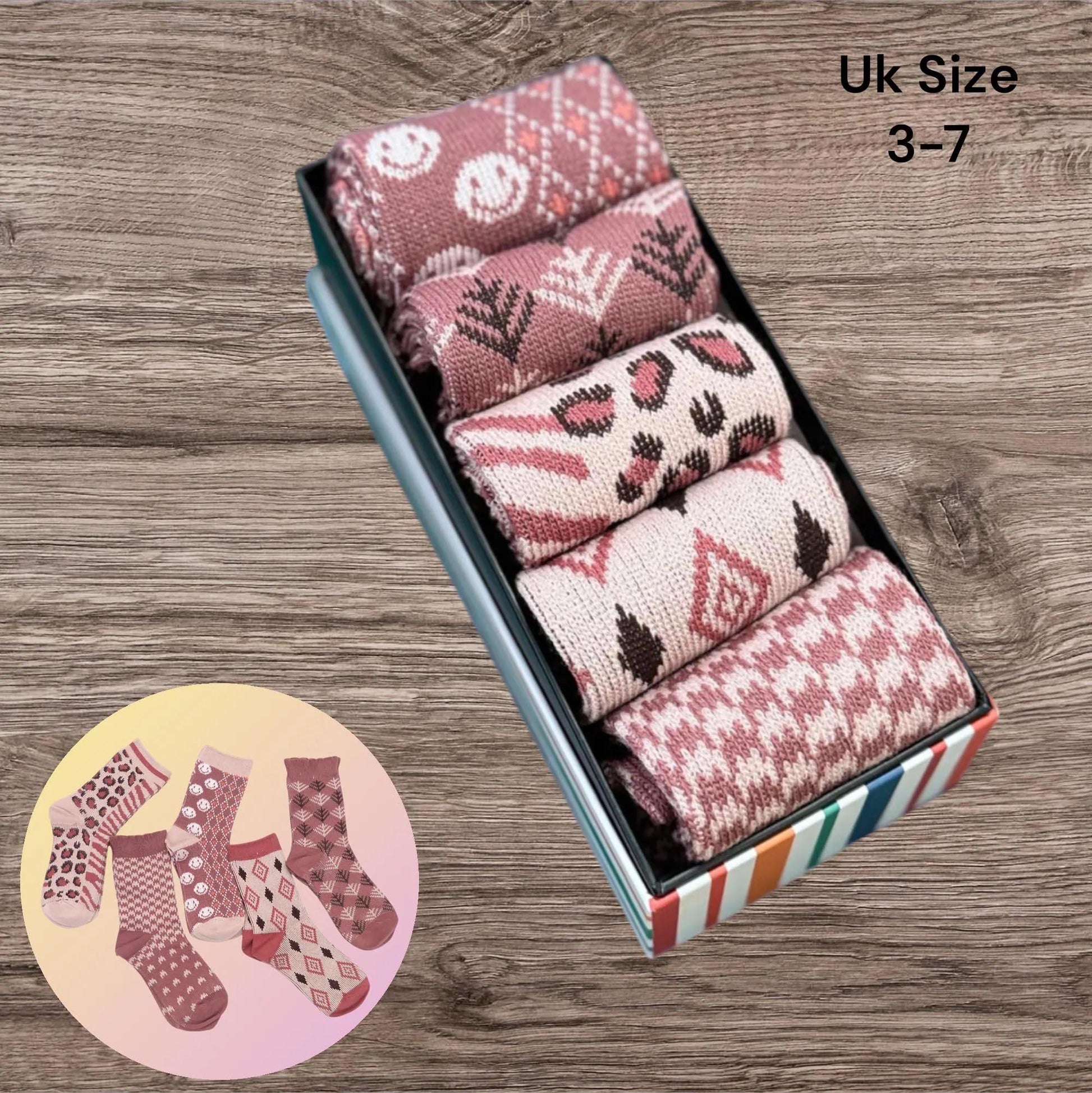 Ladies Seamless Soft Comfort Set of 5 Leopard Diamond Tree Pattern Crew Socks Premium Quality Gift for Her comes with a gift bag