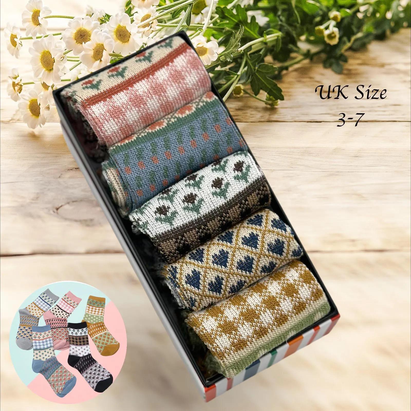 Ladies Seamless Soft Comfort Set of 5 Heart Pattern Crew Socks Premium Quality Gift for Her comes with a gift bag