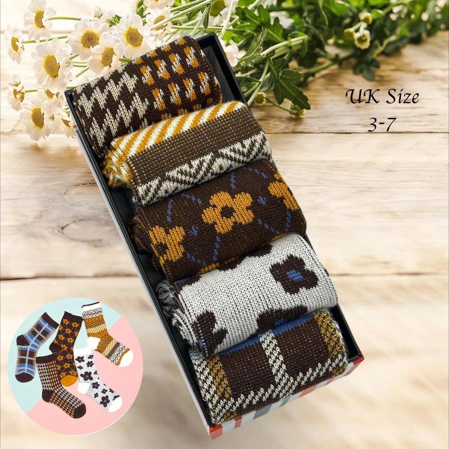 Ladies Seamless Soft Comfort Set of 5 Tree Flower Heart Pattern Crew Socks Premium Quality Gift for Her comes with a gift bag