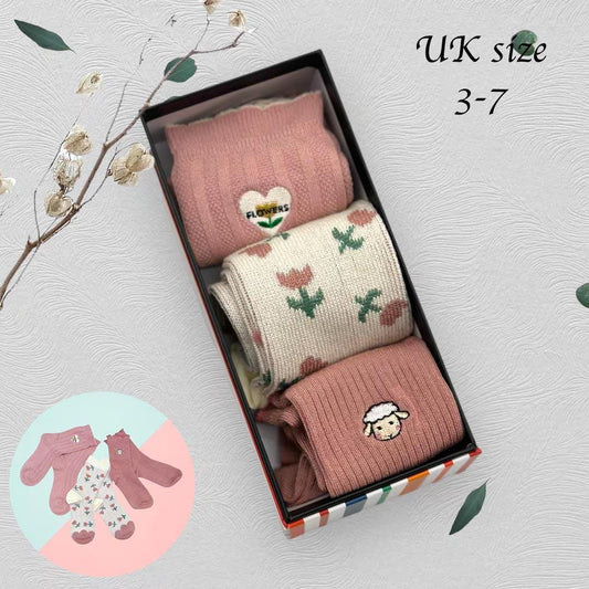 Ladies Seamless Soft Comfort Set of 6 Tree Flower Sheep Pattern Crew Socks Premium Quality Gift for Her comes with a gift bag