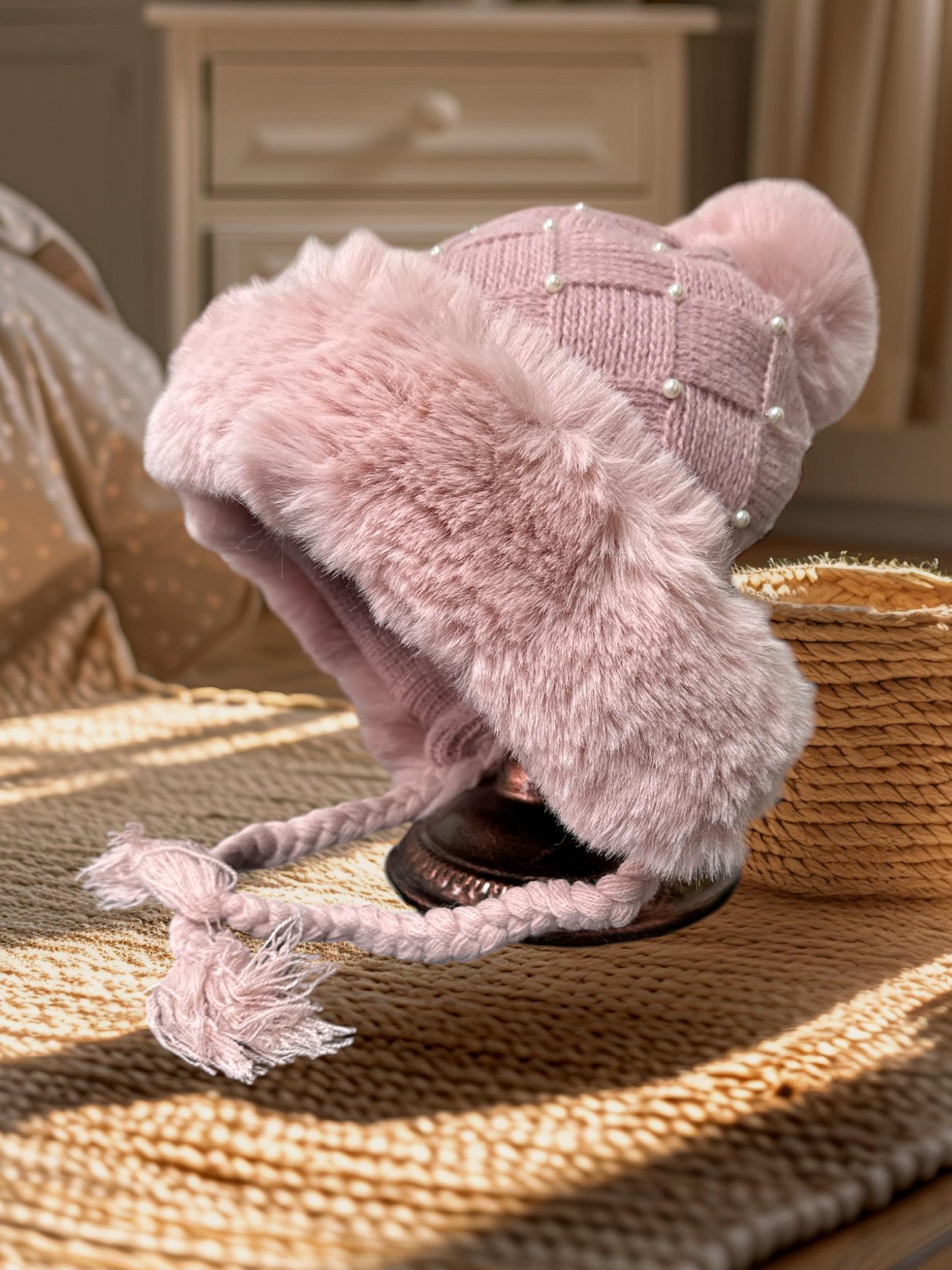 Pom Pom Chunky Knit Beanie Pearl With Fleece Fuzzy Lining Inside, Knitted Winter Hat, Boho Winter Beanie Pompom Hat Comes with a gift bag
