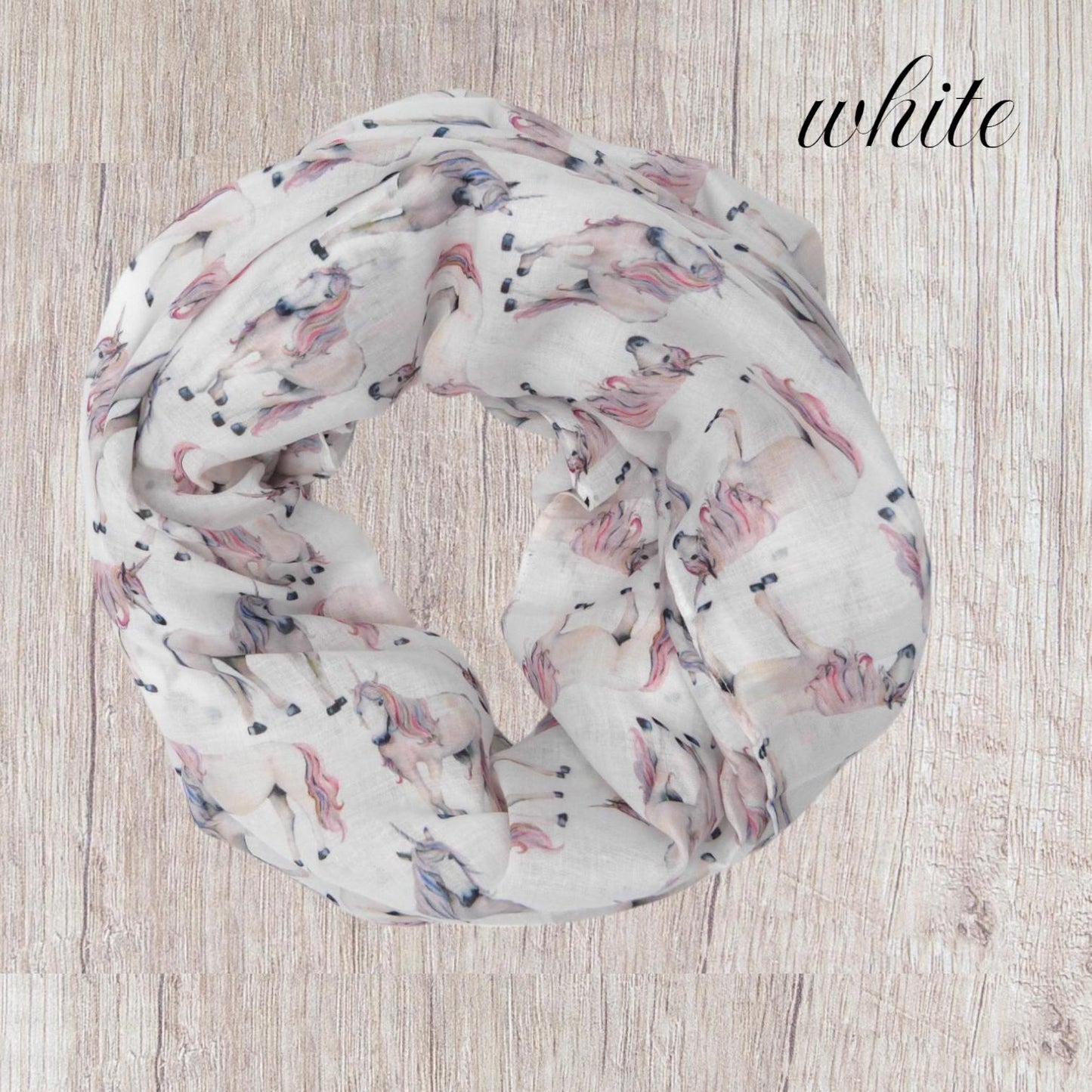 Unicorn Print Snood Infinity Scarf Grey Lightweight Loop Scarf with Pink Mane Detail