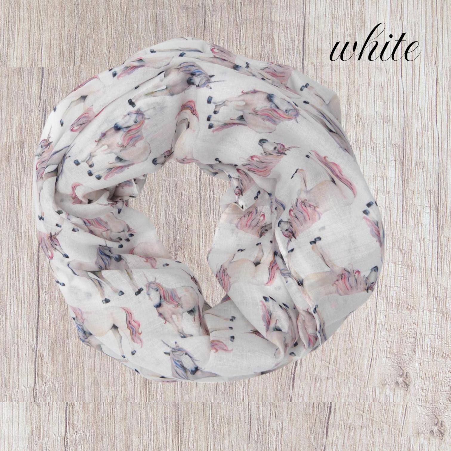Unicorn Print Snood Infinity Scarf Grey Lightweight Loop Scarf with Pink Mane Detail