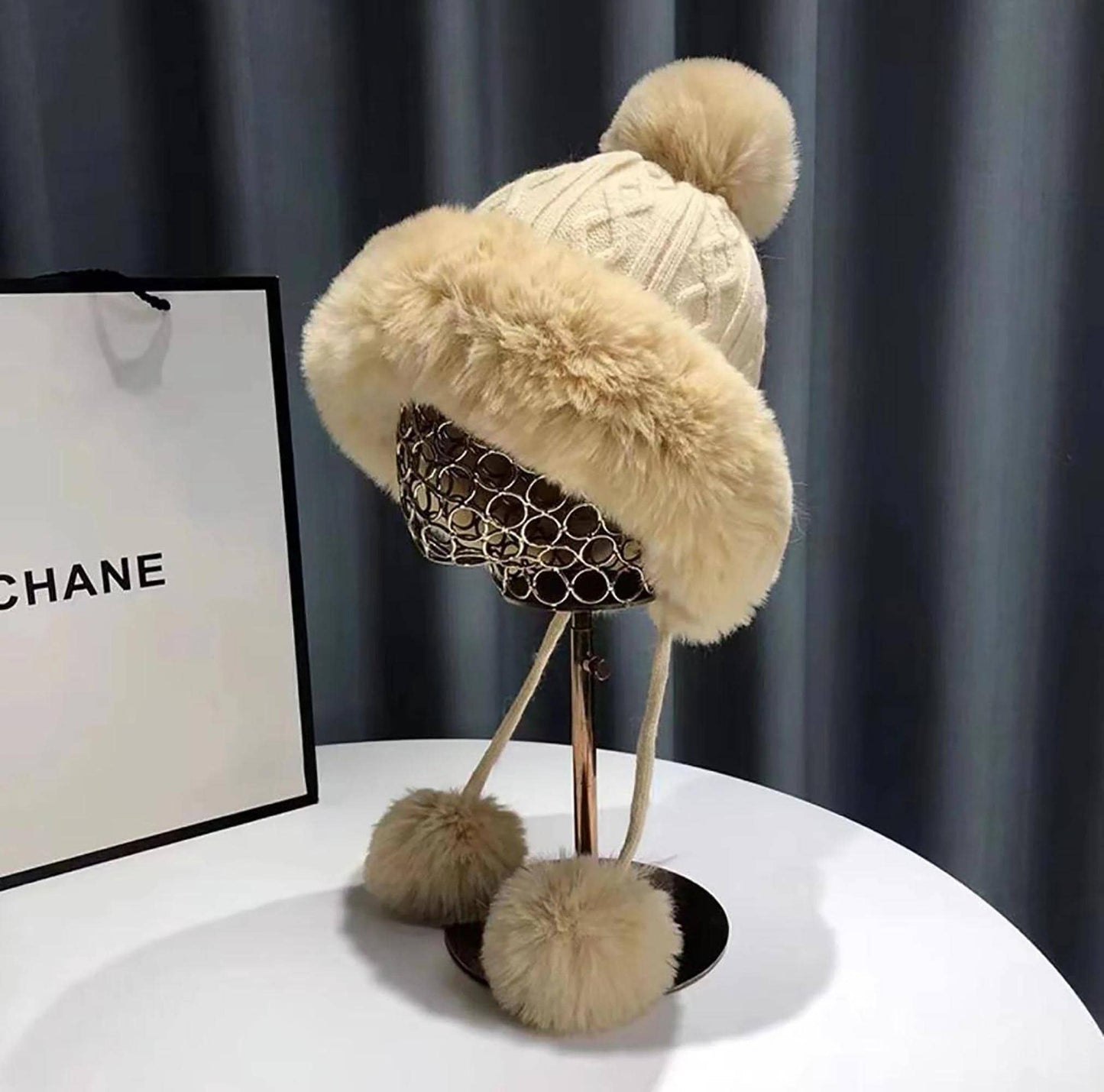 Chunky Knit Pom Pom Beanie Fleece Lined Winter Hat Comes with a gift bag