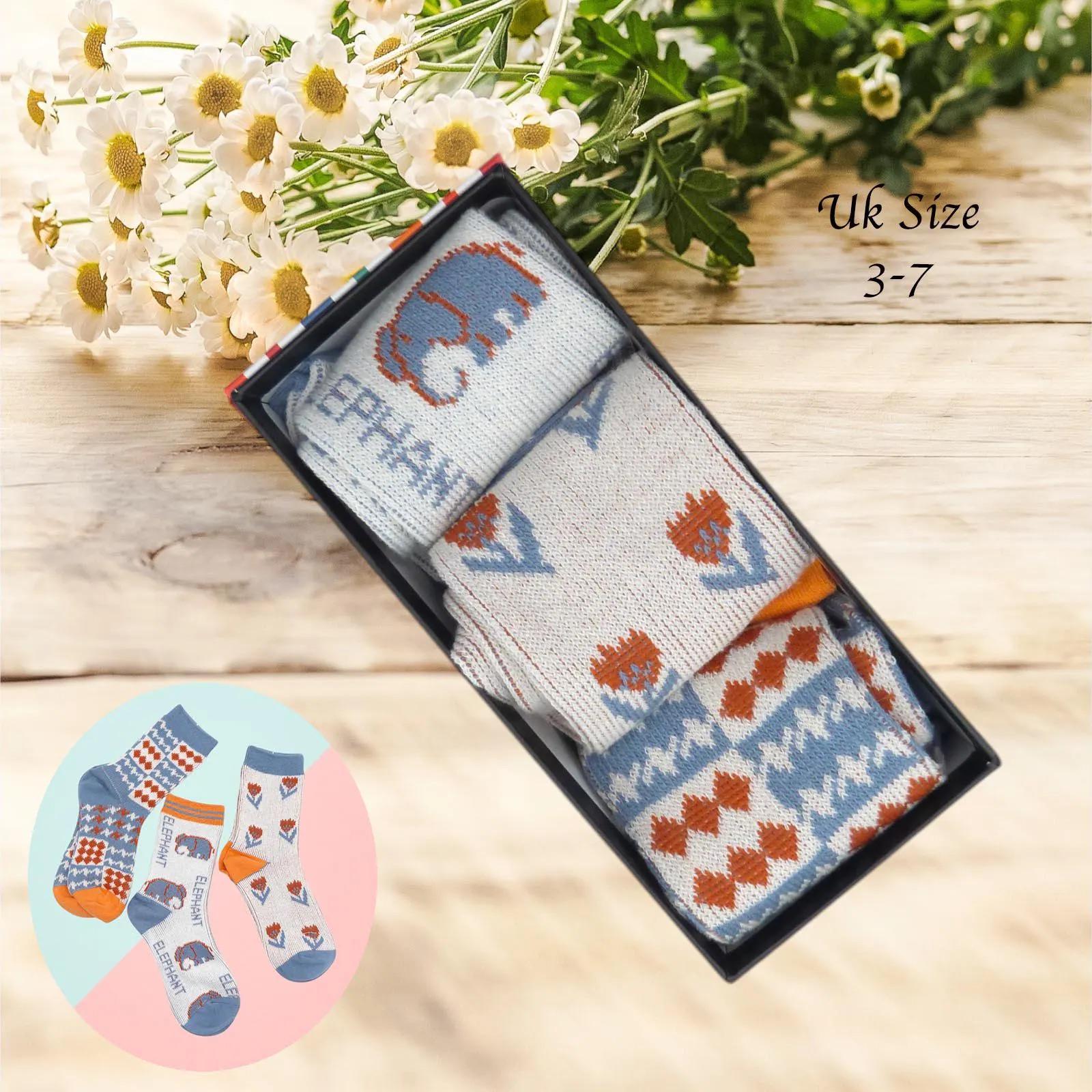 Ladies Seamless Soft Comfort Set of 6 Elephant Flower Love Heart Pattern Crew Socks Premium Quality Gift for Her comes with a gift bag
