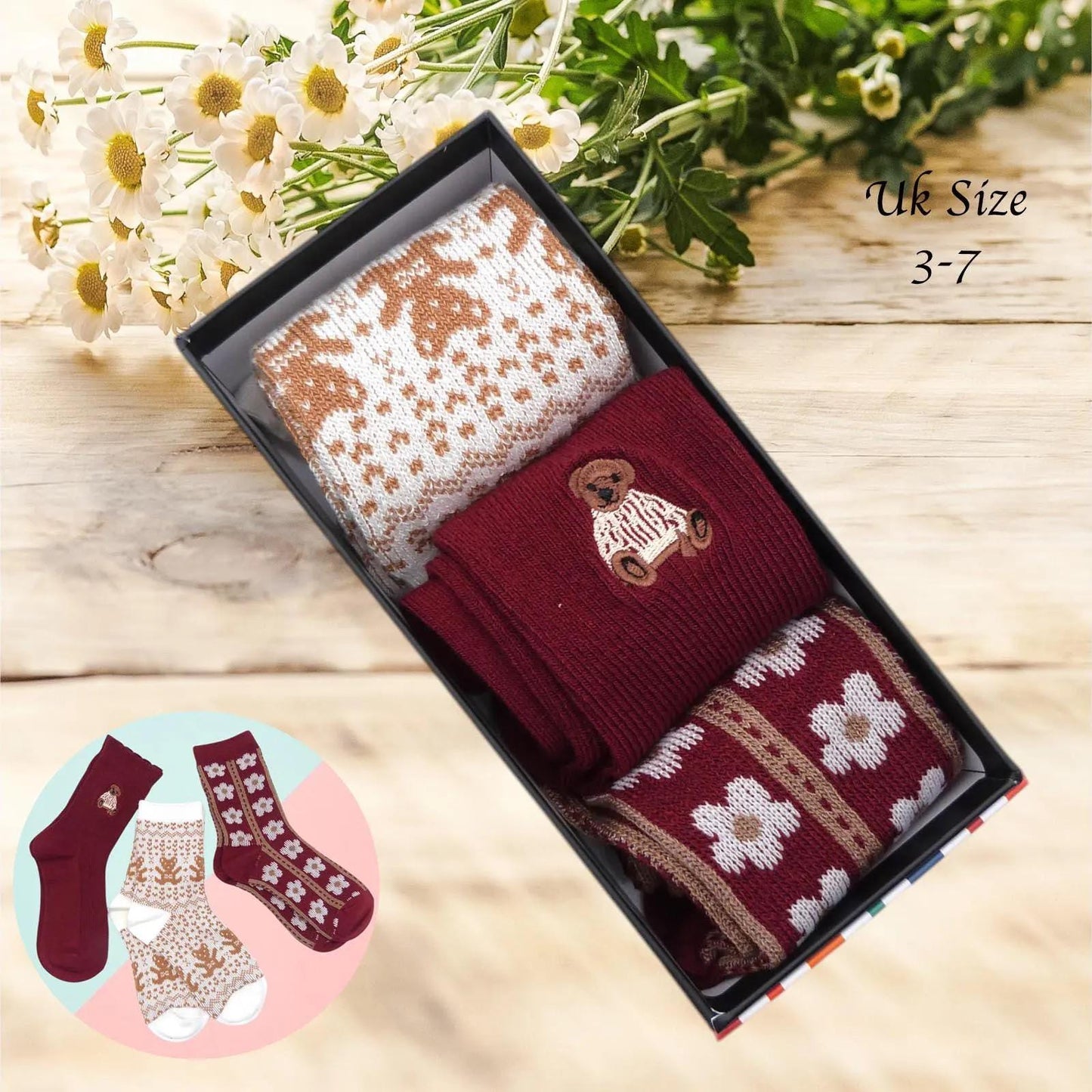 Ladies Seamless Soft Comfort Set of 6 Bear Floral Love Heart Pattern Crew Socks Premium Quality Gift for Her comes with a gift bag