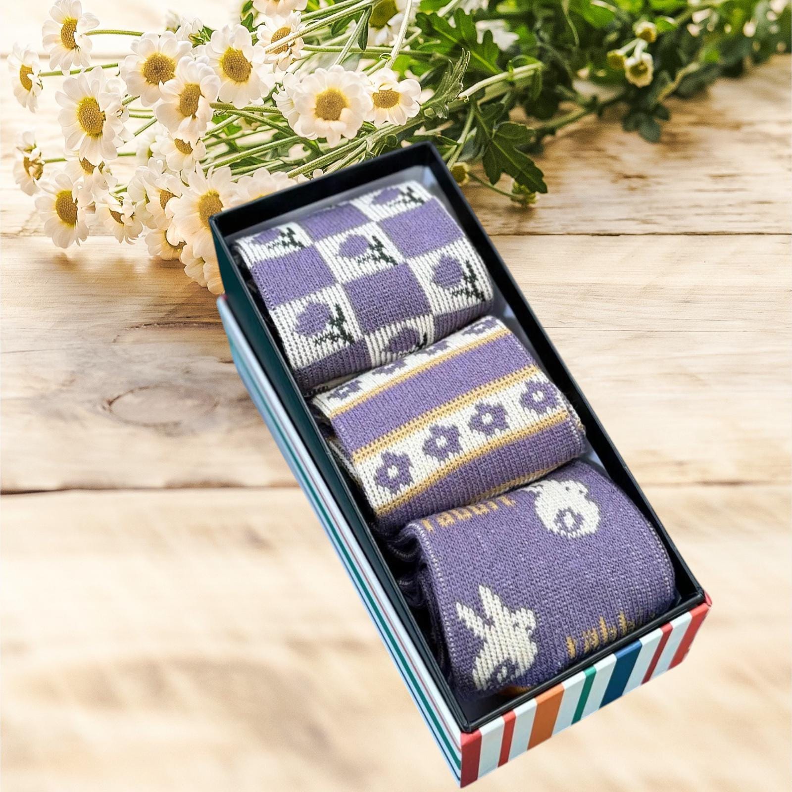 Ladies Seamless Soft Comfort Set of 6 Rabbit Flower Pattern Crew Socks Premium Quality Gift for Her comes with a gift bag