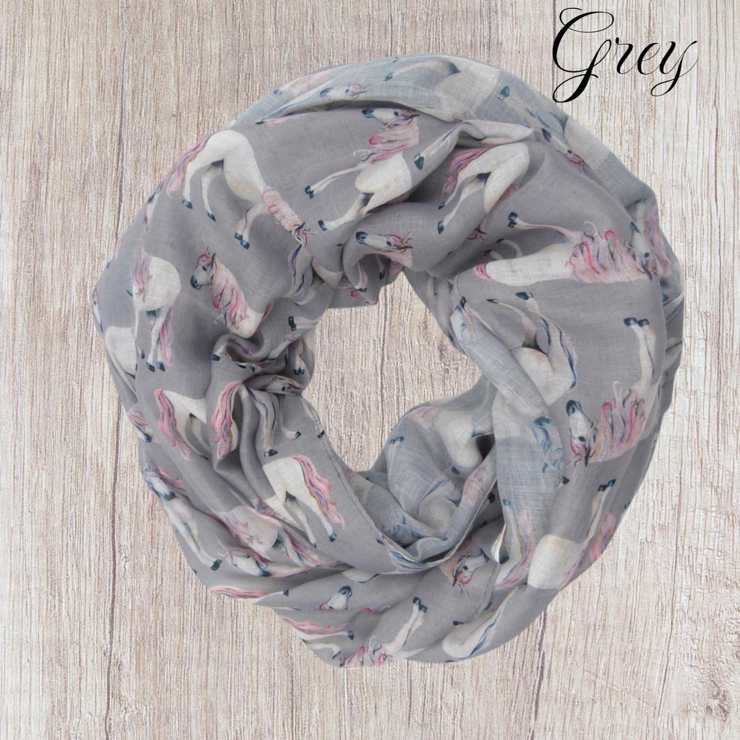 Unicorn Print Snood Infinity Scarf Grey Lightweight Loop Scarf with Pink Mane Detail