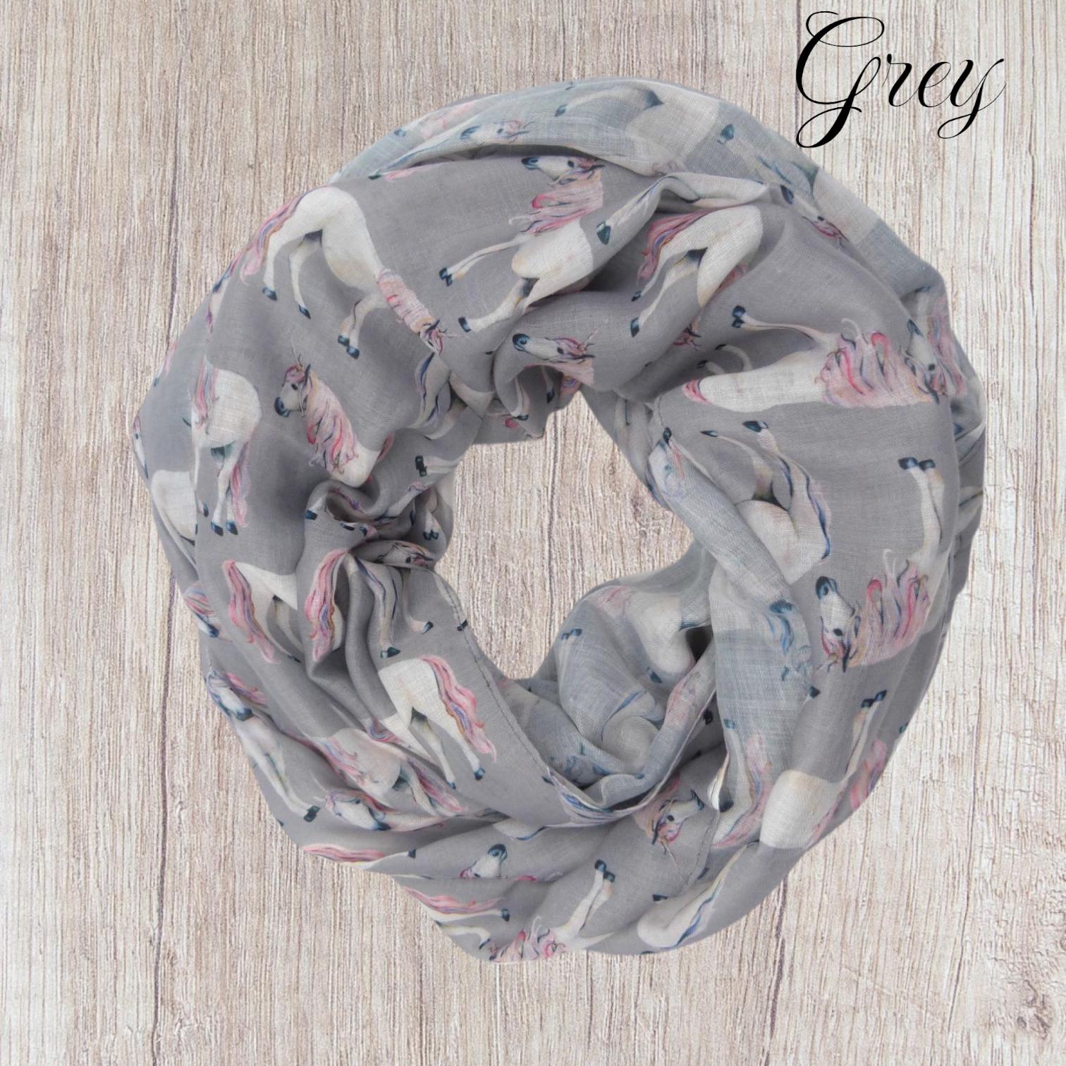 Unicorn Print Snood Infinity Scarf Grey Lightweight Loop Scarf with Pink Mane Detail