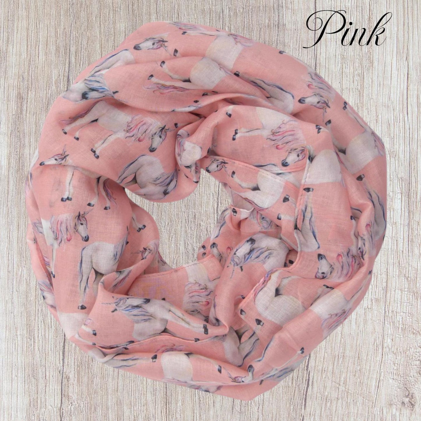 Unicorn Print Snood Infinity Scarf Grey Lightweight Loop Scarf with Pink Mane Detail