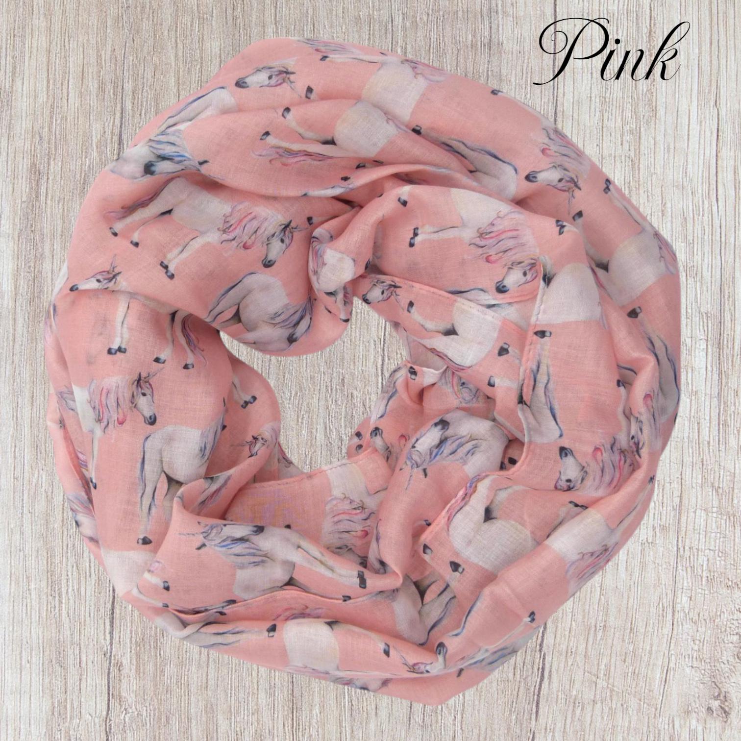 Unicorn Print Snood Infinity Scarf Grey Lightweight Loop Scarf with Pink Mane Detail