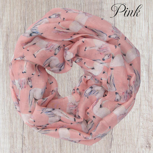 Unicorn Print Snood Infinity Scarf Grey Lightweight Loop Scarf with Pink Mane Detail