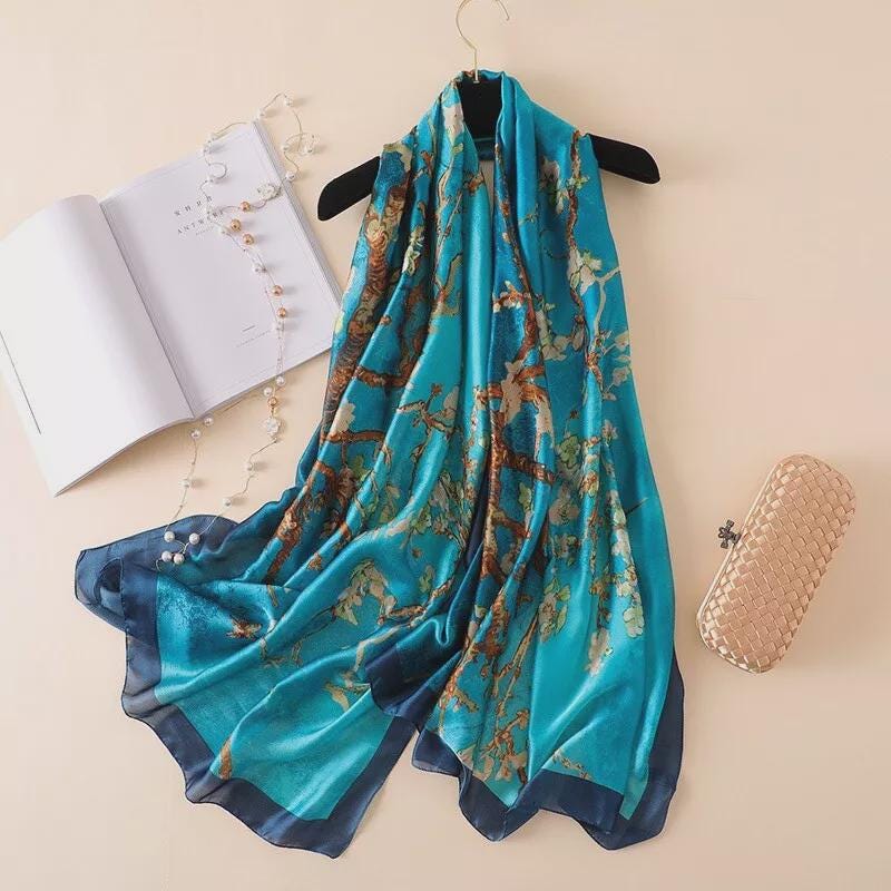 Luxury 100% Silk Feel Scarf, Van Gogh Almond Blossom Silk Scarf Lightweight Silk Scarf Comes with a gift bag