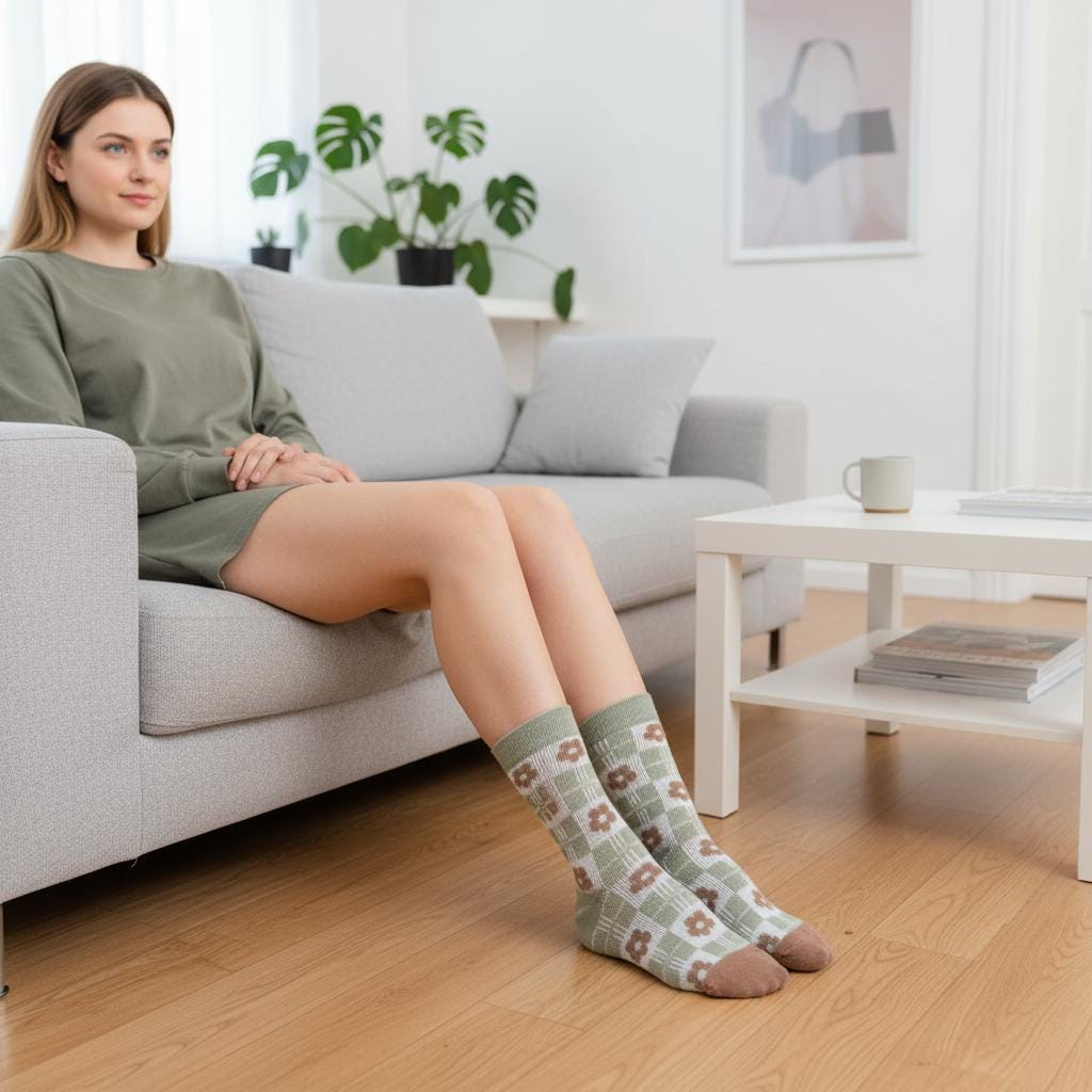 Ladies Seamless Soft Comfort Set of 6 Flower Checker Pattern Crew Socks Premium Quality Gift for Her comes with a gift bag